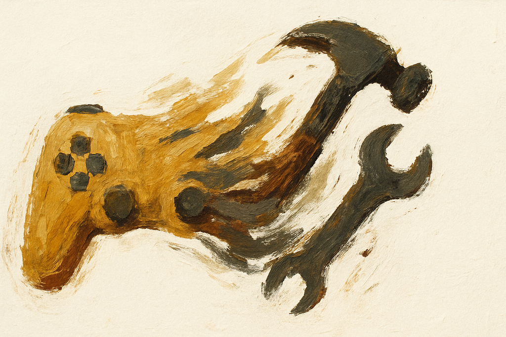 Abstract painting showing a game controller transforming into construction tools. Thick, gestural brushstrokes in muted earth tones create the metamorphosis from gaming interface to hammer and wrench, representing the creative construction of video games.