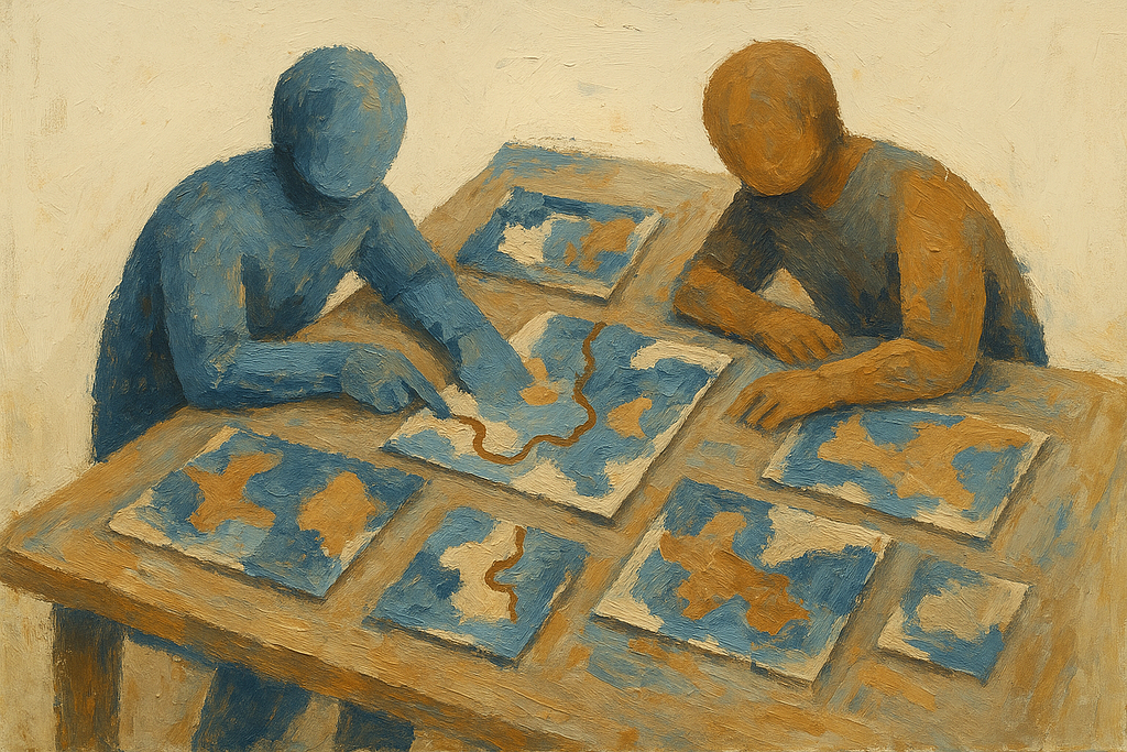 Two abstract painted figures seated at a desk studying multiple maps with boundaries and routes on a warm background