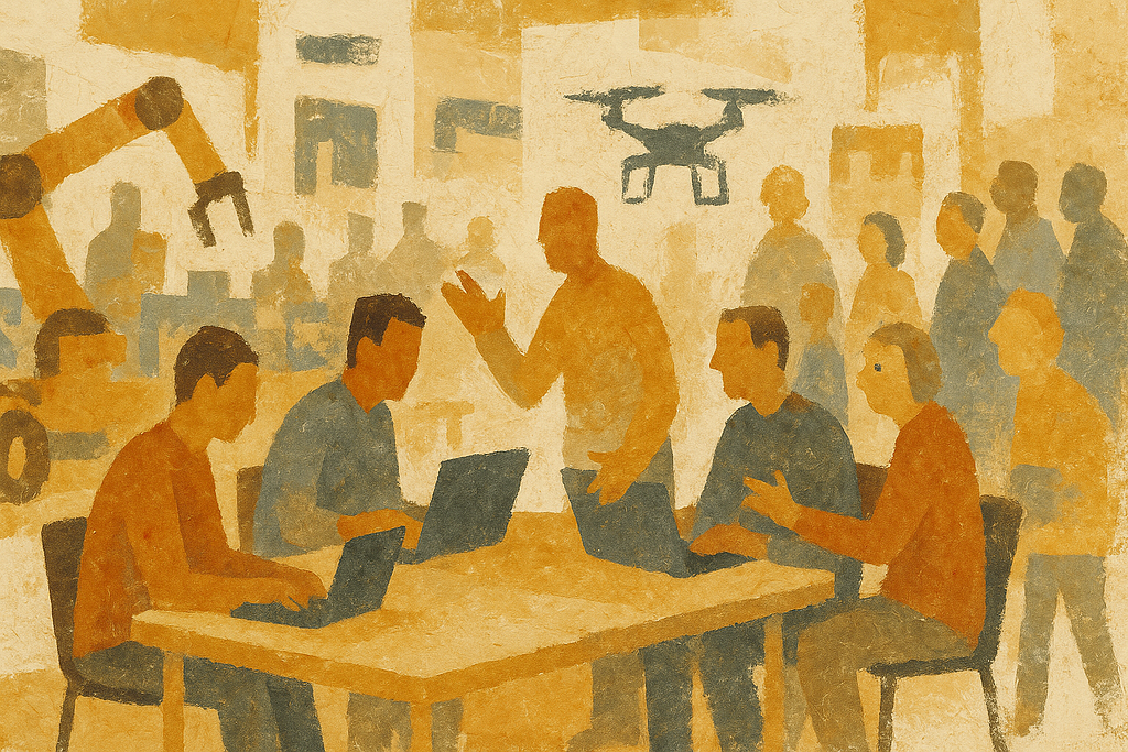 Abstract painted composition showing a bustling hackathon scene with teams working on laptops, surrounded by robotics displays. Heavy brushstrokes and textured paint create abstract forms suggesting collaborative work, technical discussion, and innovation in a convention center setting. Muted earth tones with expressive paint application.