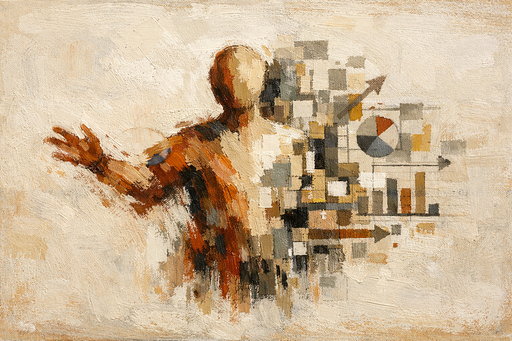 Abstract painted figure transitioning from human-like form seeking recognition on the left to geometric performance-focused forms on the right. Represents the shift from questions of AI consciousness and personhood to performance metrics and tools.