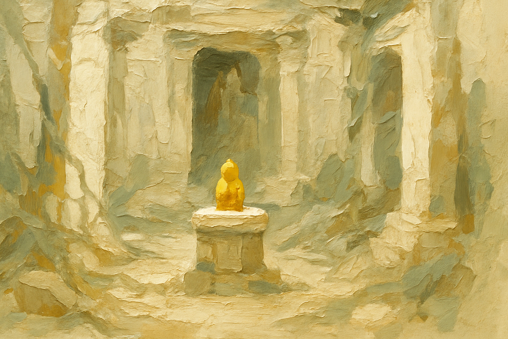 Abstract painted representation of a very small golden idol on a weathered stone pedestal in a desolate ancient temple chamber being reclaimed by forest vegetation, rendered in muted earth tones with heavy brushwork and paint texture, positioned centrally with crumbling temple architecture in the background.