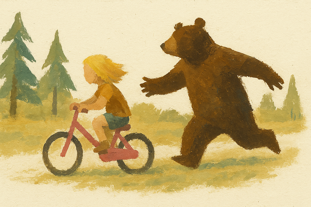 Abstract painted illustration of a blonde 4-year-old girl on a pink bicycle pedaling left, with an anthropomorphic bear running behind her with arms outstretched in a protective stance, set in a park with pine trees and trails, rendered in muted earth tones with heavy brushstrokes and paint texture.