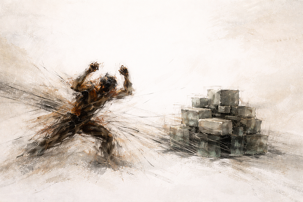 Abstract painted figure, arms raised in fury, facing empty space. The target is gone. The energy has nowhere to go.