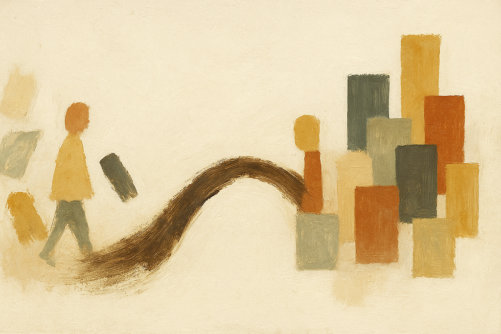 Abstract painted composition showing transformation from uncertainty to structure. Fragmented organic forms on the left transition through a gestural path or bridge to organized geometric shapes on the right. Muted earth tones with visible brushwork and paint texture throughout. Fine art aesthetic with generous negative space.