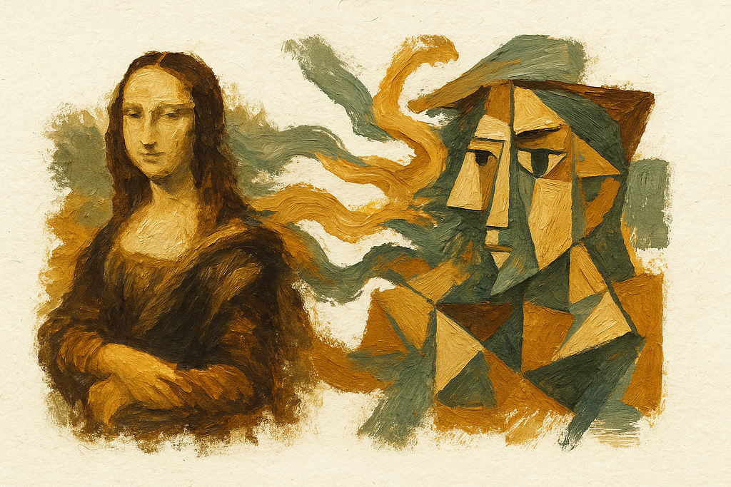 Abstract painting showing a classical portrait transforming into cubist abstract art. Thick, gestural brushstrokes in muted earth tones create a metamorphosis from realistic representation to geometric abstraction, representing how photography pushed painting toward new creative directions.