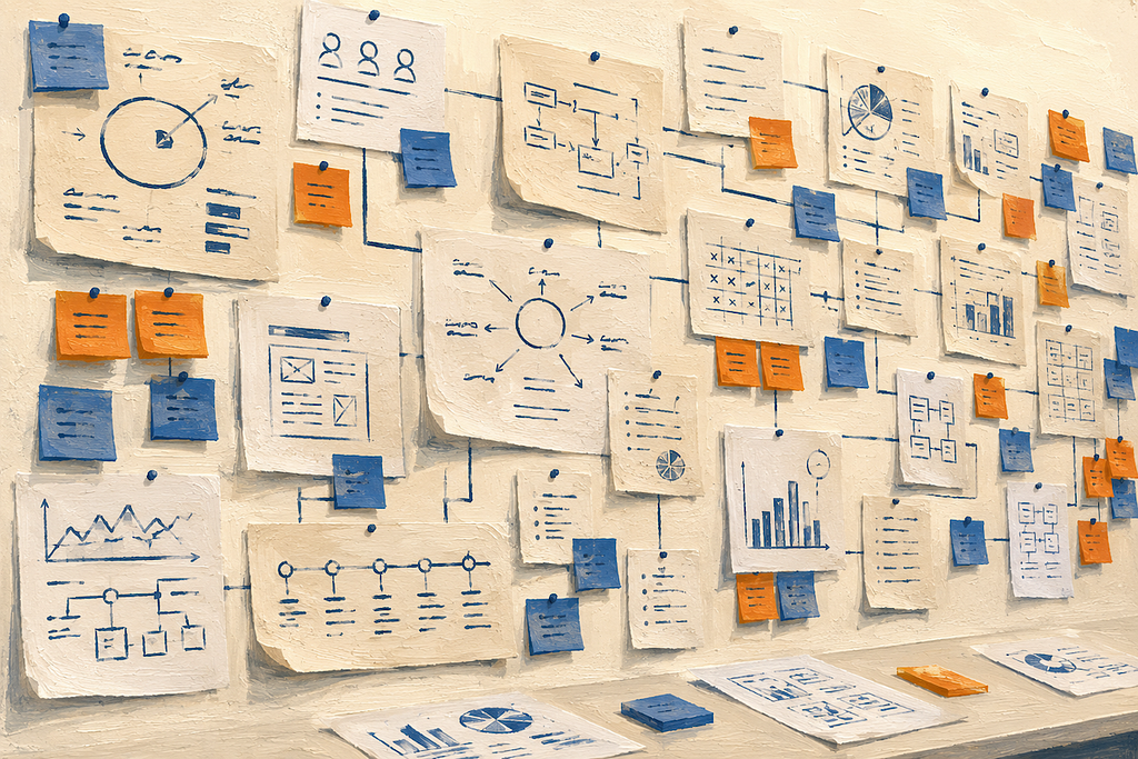 Painterly planning wall covered with layered papers, loose diagrams, connecting lines, and sticky notes.