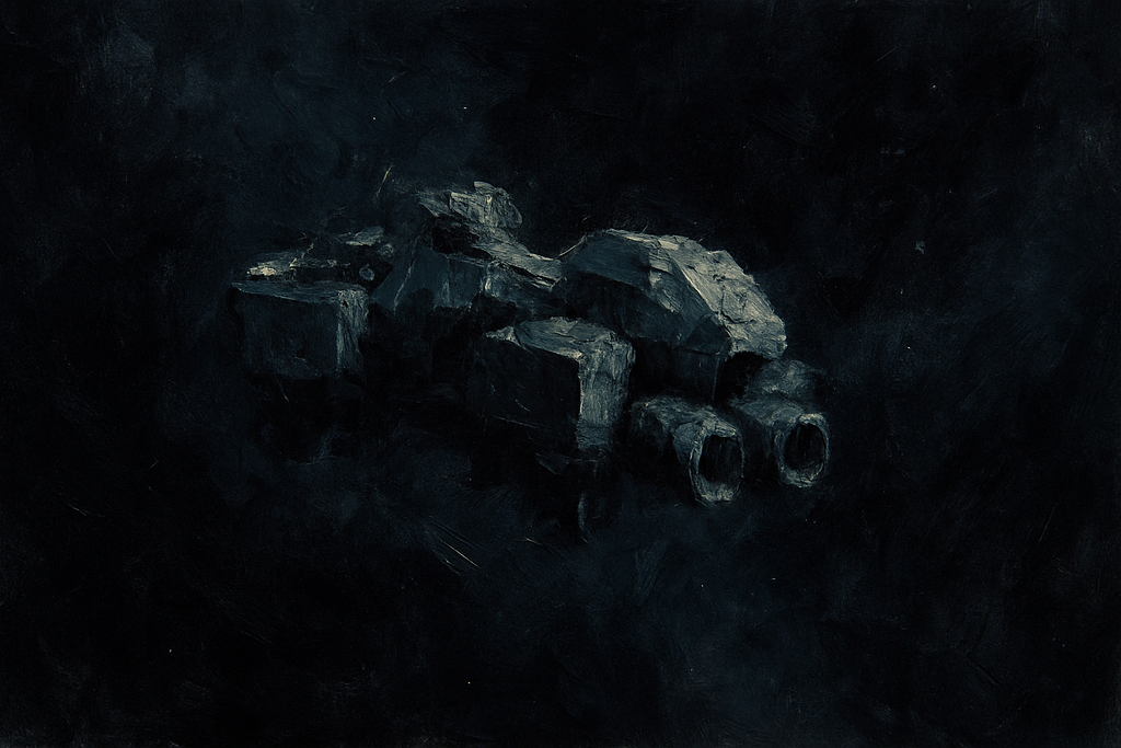 Abstract painted representation of the Nostromo spaceship, rendered in dark tones with heavy brushwork and paint texture, positioned centrally against the vast emptiness of deep space.