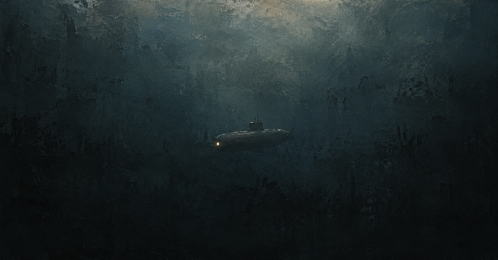 A single submarine floats alone in open, dark water.